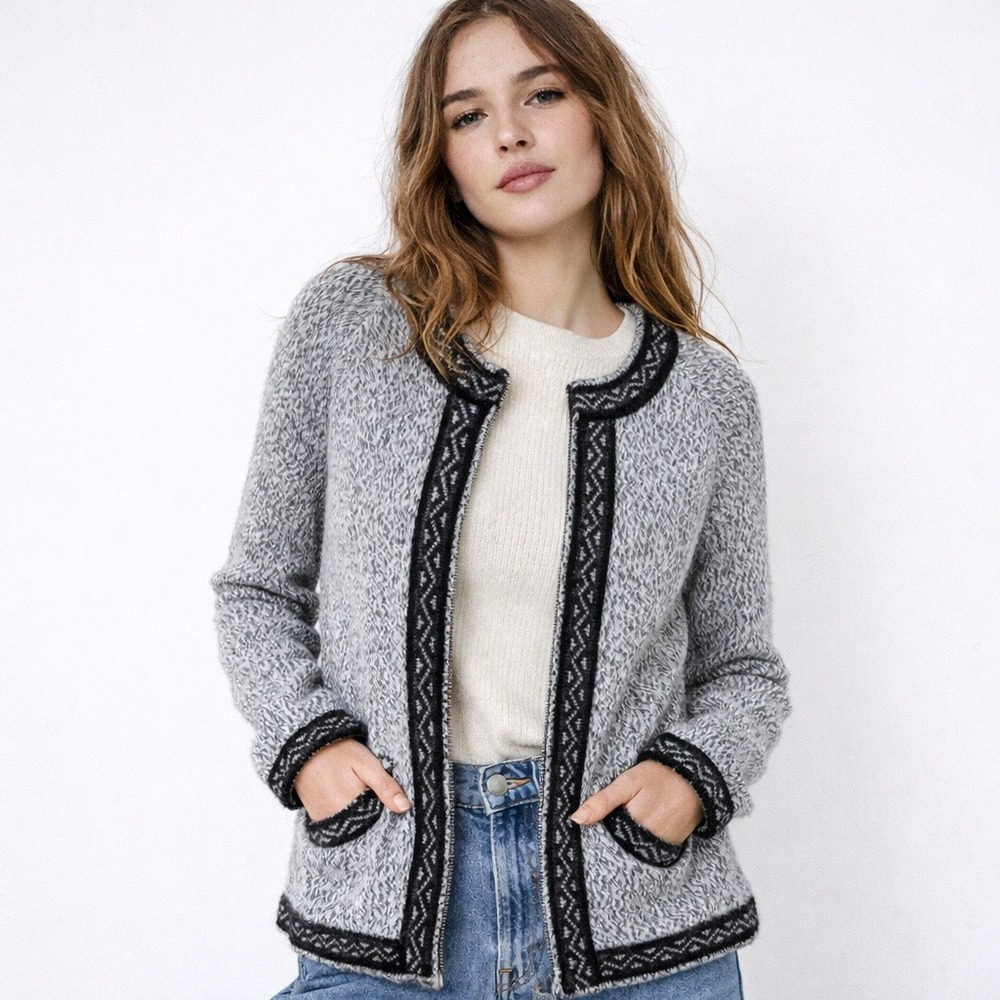 Alpaca‎ Imports Zip Cardigan Womens L Grey Fair Isle Nordic Peruvian Sweater